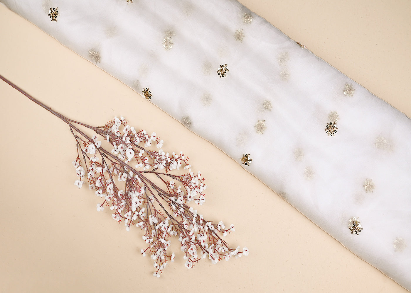 White Organza Fabric With Allover Buti Of Golden Katdana, Bead And Sequins Work 21106