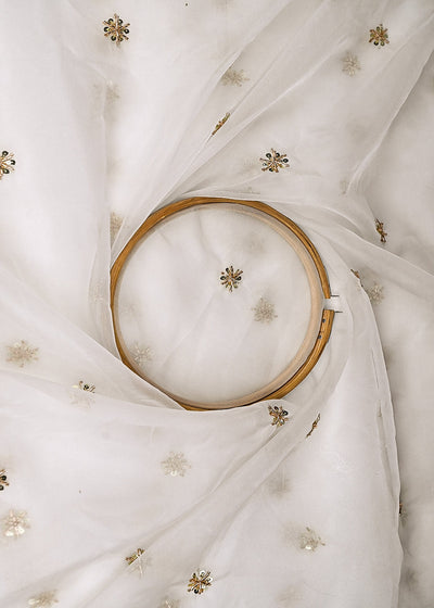 White Dyeable Organza Fabric With Allover Buti Of Golden Katdana, Bead And Sequins Work 21106