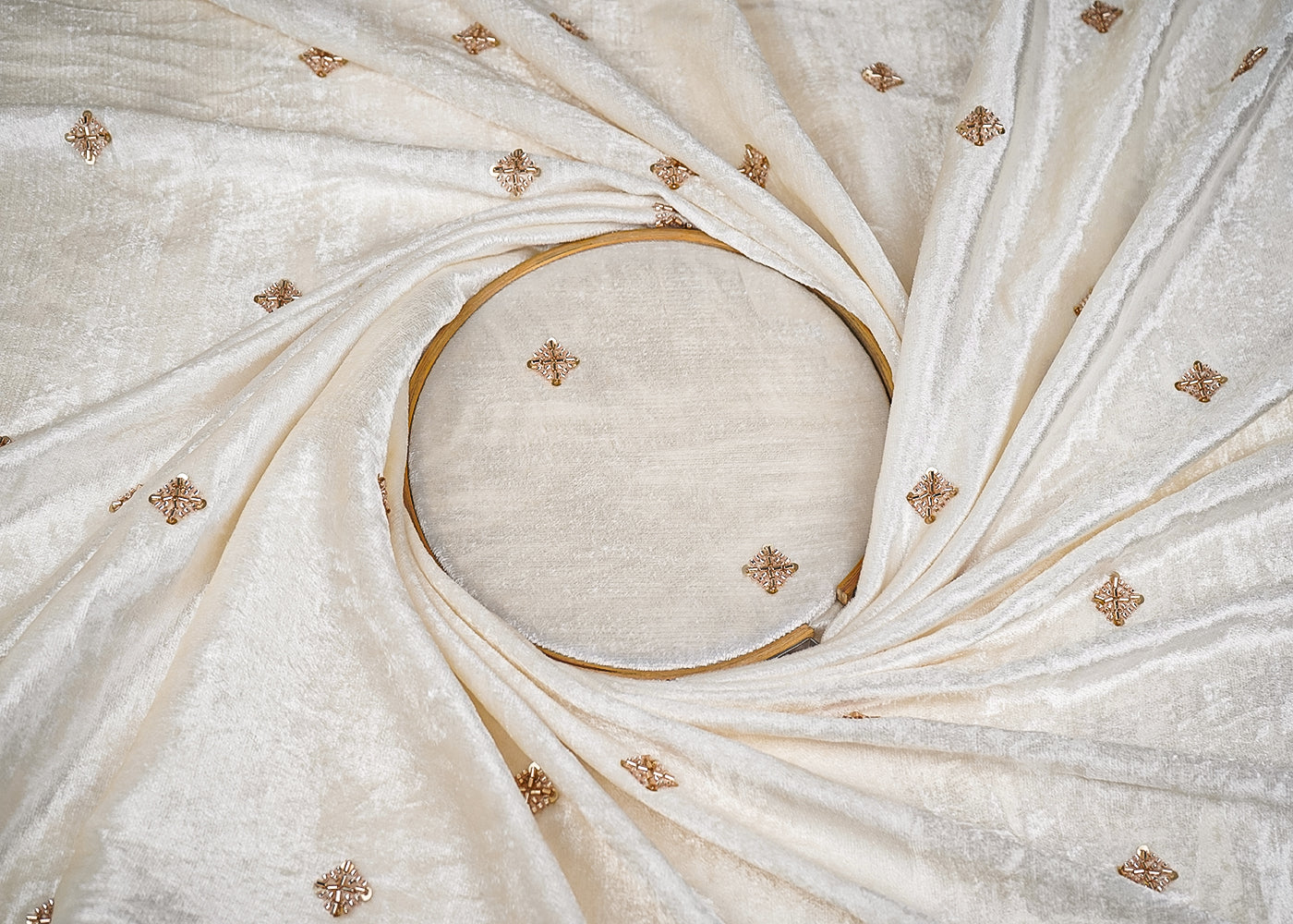 White Velvet Fabric With All Over Buti of Katdana And Bead Work 21108