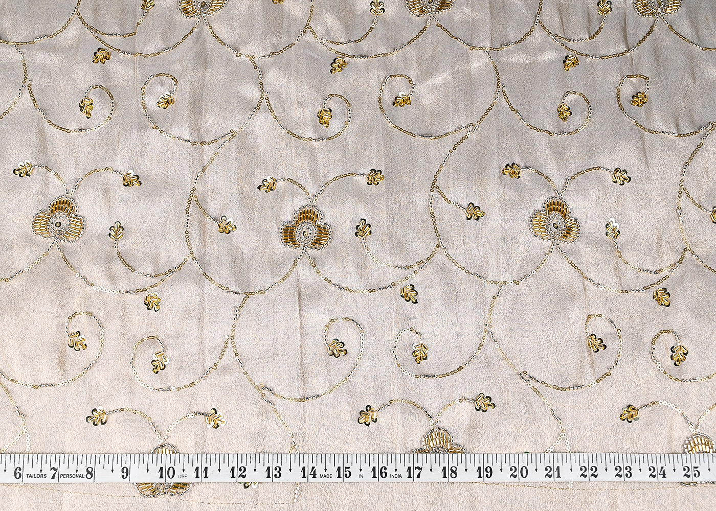 Light Golden Tissue Fabric With All Over Sequins, Katdana And Bead Work 21111