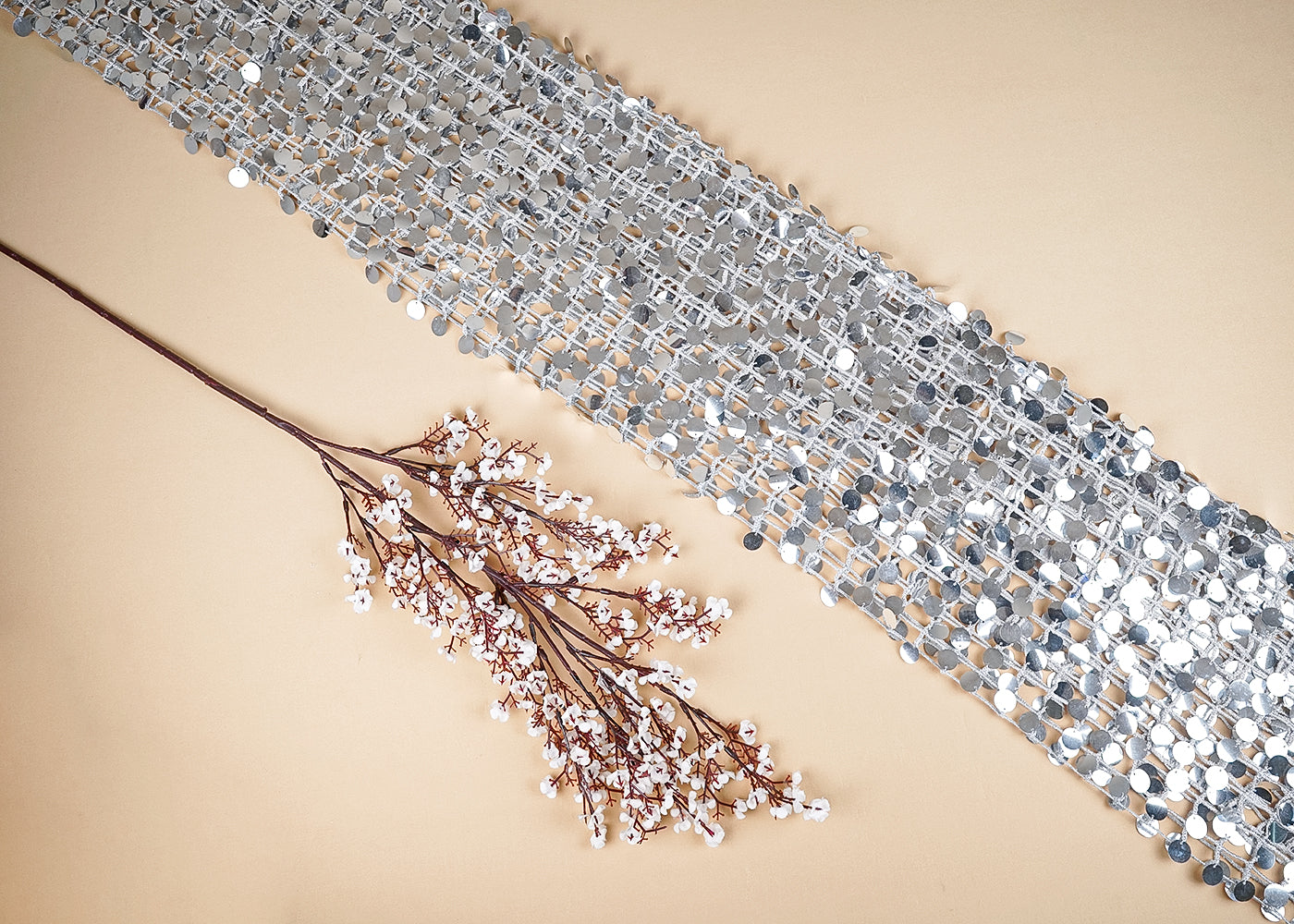 Silver Imported Laser Cutwork Net Fabric With All Over Zari And Faux Mirror Work 21115