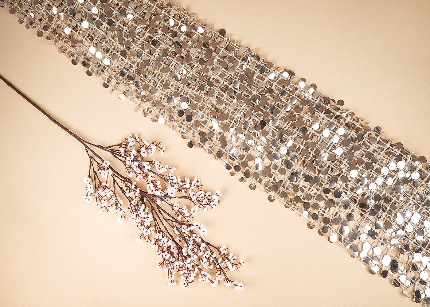 Rose Gold Imported Laser Cutwork Net Fabric With All Over Zari And Faux Mirror Work 21118