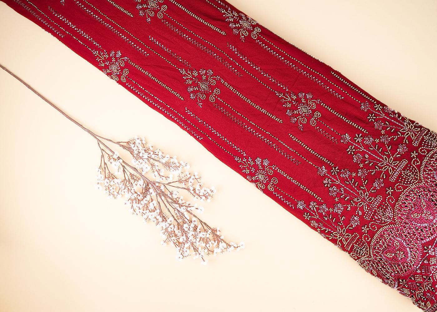 Maroon Georgette Fabric With Allover Sequins, Katdana And Bead Work With Heavy Border 21122
