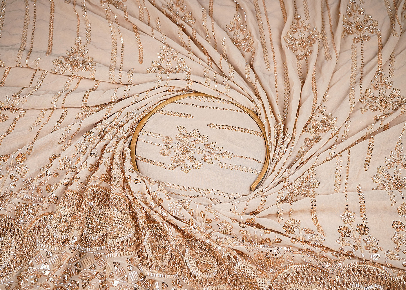 Beige Georgette Fabric With Allover Sequins, Katdana And Bead Work With Heavy Border 21125