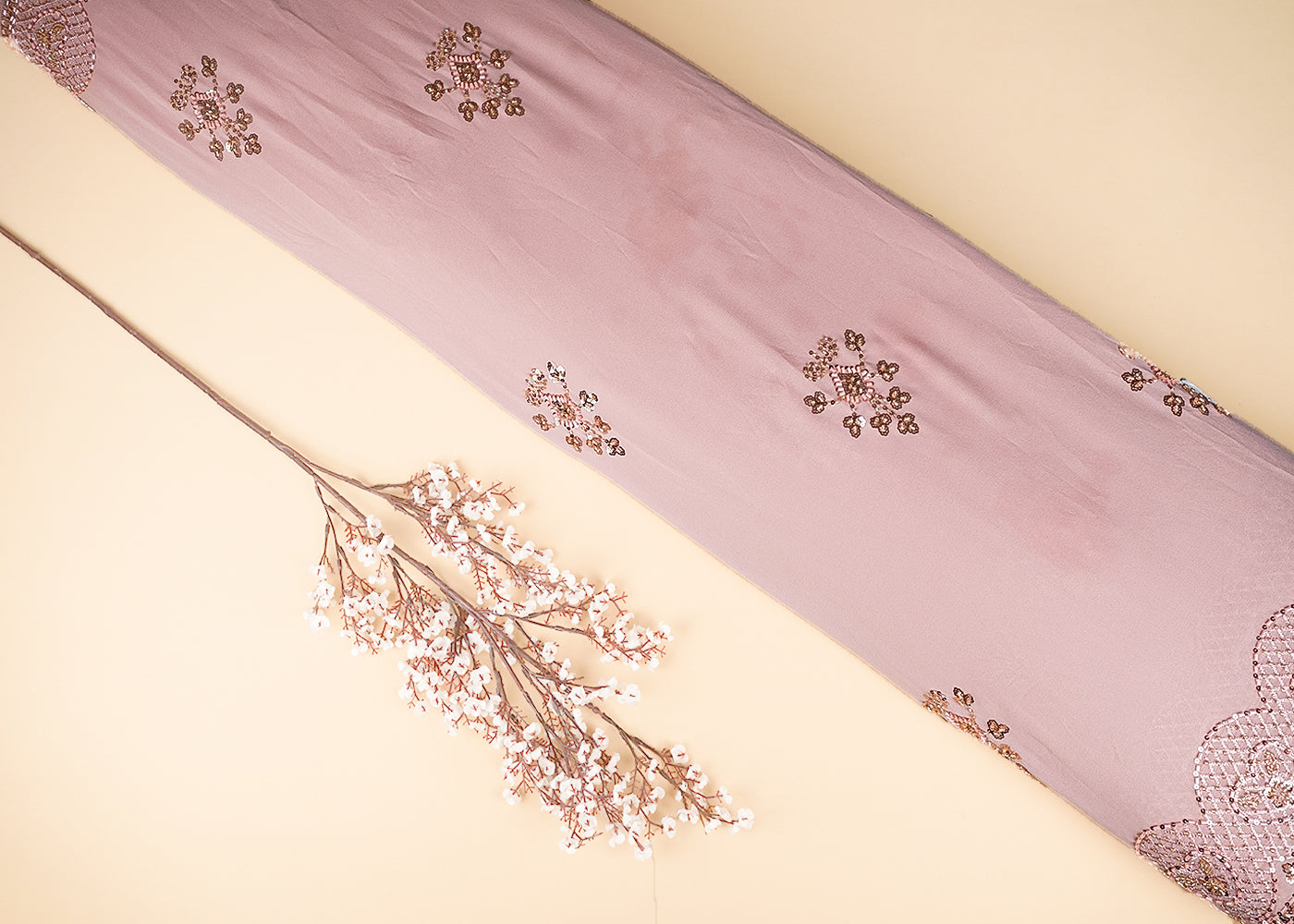 Powder Pink Georgette Fabric With Allover Sequins, Katdana And Bead Work With Two Side Border 21127