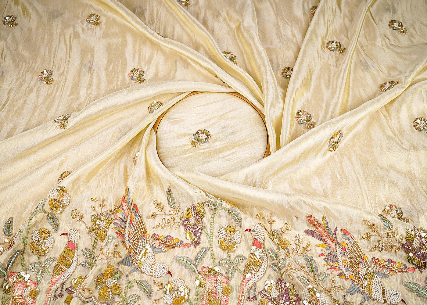 Golden Tissue Fabric With Allover Bead, Katdana, Zari, Thread And Sequins Work With One Side Border 21132