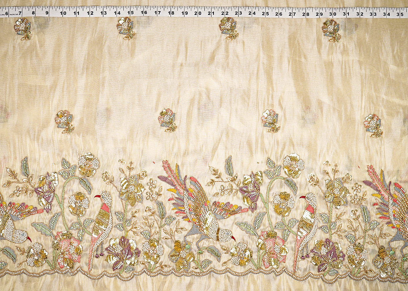 Golden Tissue Fabric With Allover Bead, Katdana, Zari, Thread And Sequins Work With One Side Border 21132