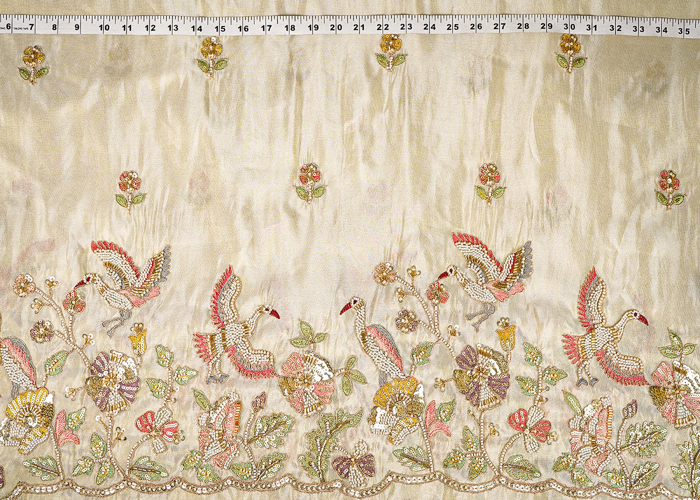 Golden Tissue Fabric With Allover Bead, Katdana, Zari, Thread And Sequins Work With One Side Border 21133