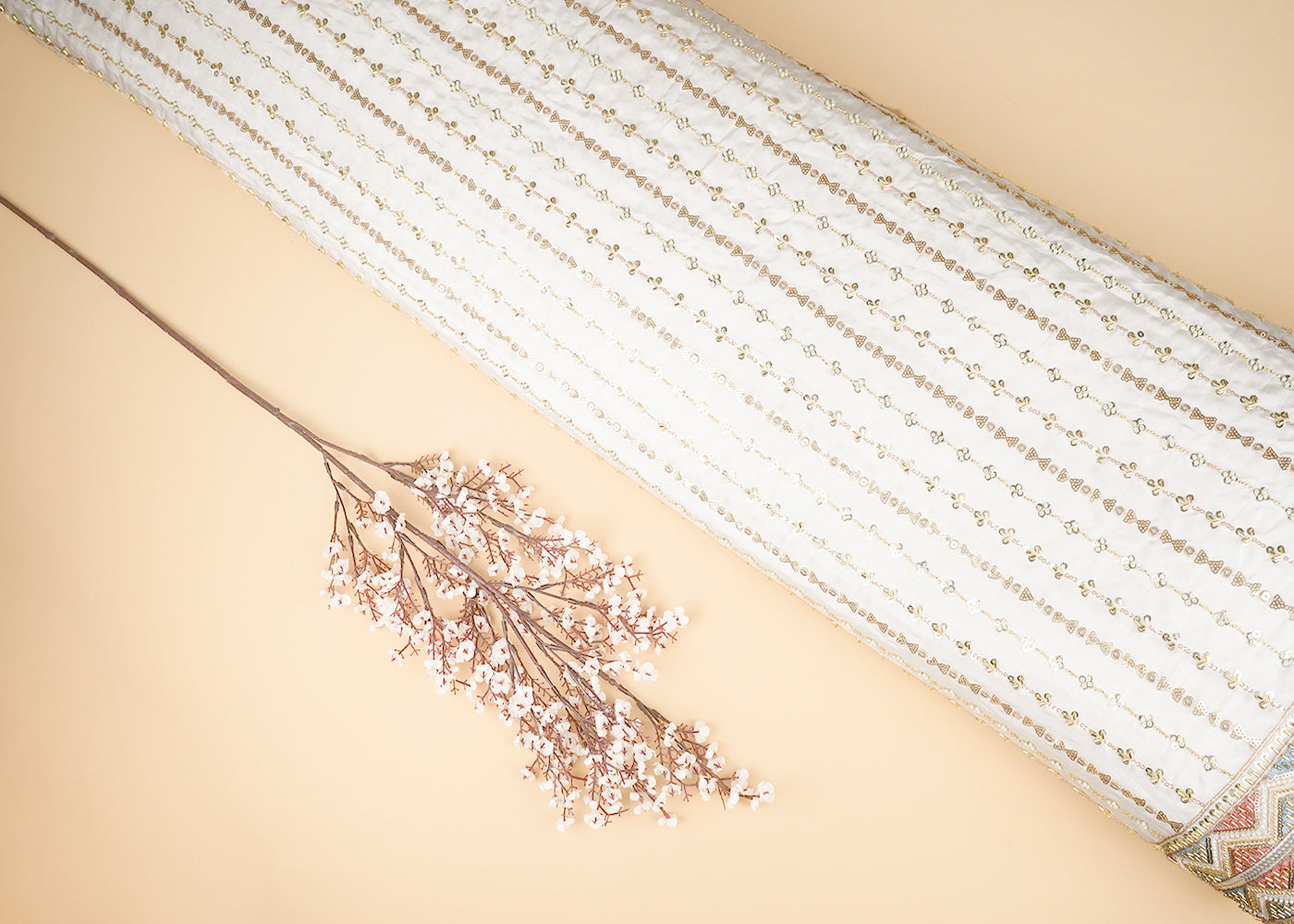 White Crepe Fabric With Allover Strips Of Sequins, Katdana And Bead Work With Heavy Border 21135