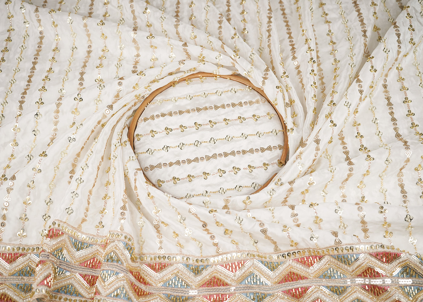 White Crepe Fabric With Allover Strips Of Sequins, Katdana And Bead Work With Heavy Border 21135