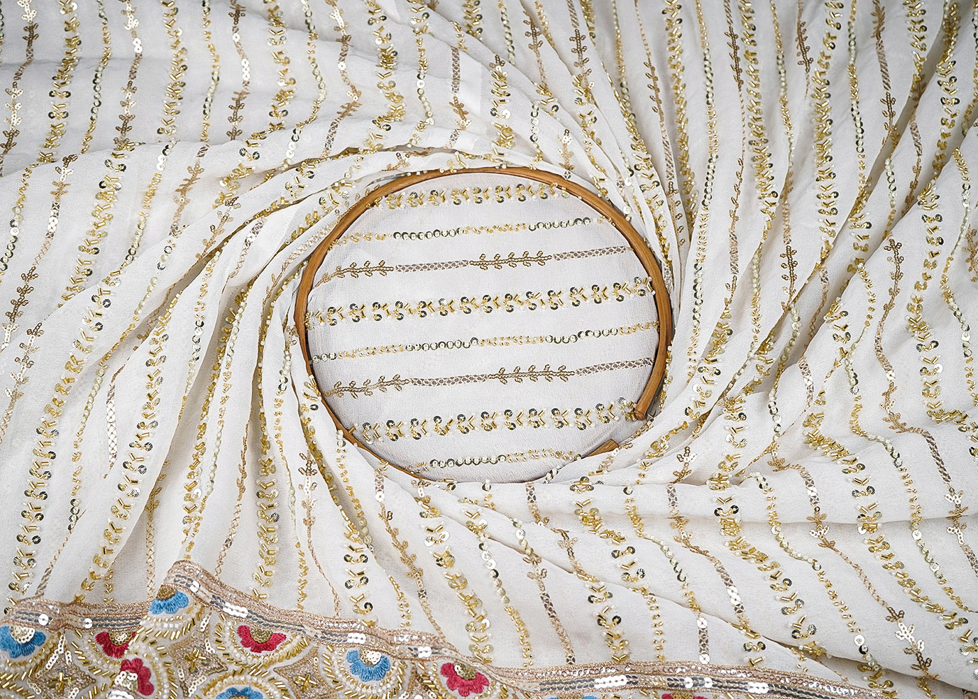 White Georgette Fabric With Allover Sequins, Katdana And Bead Work With Heavy Border 21136