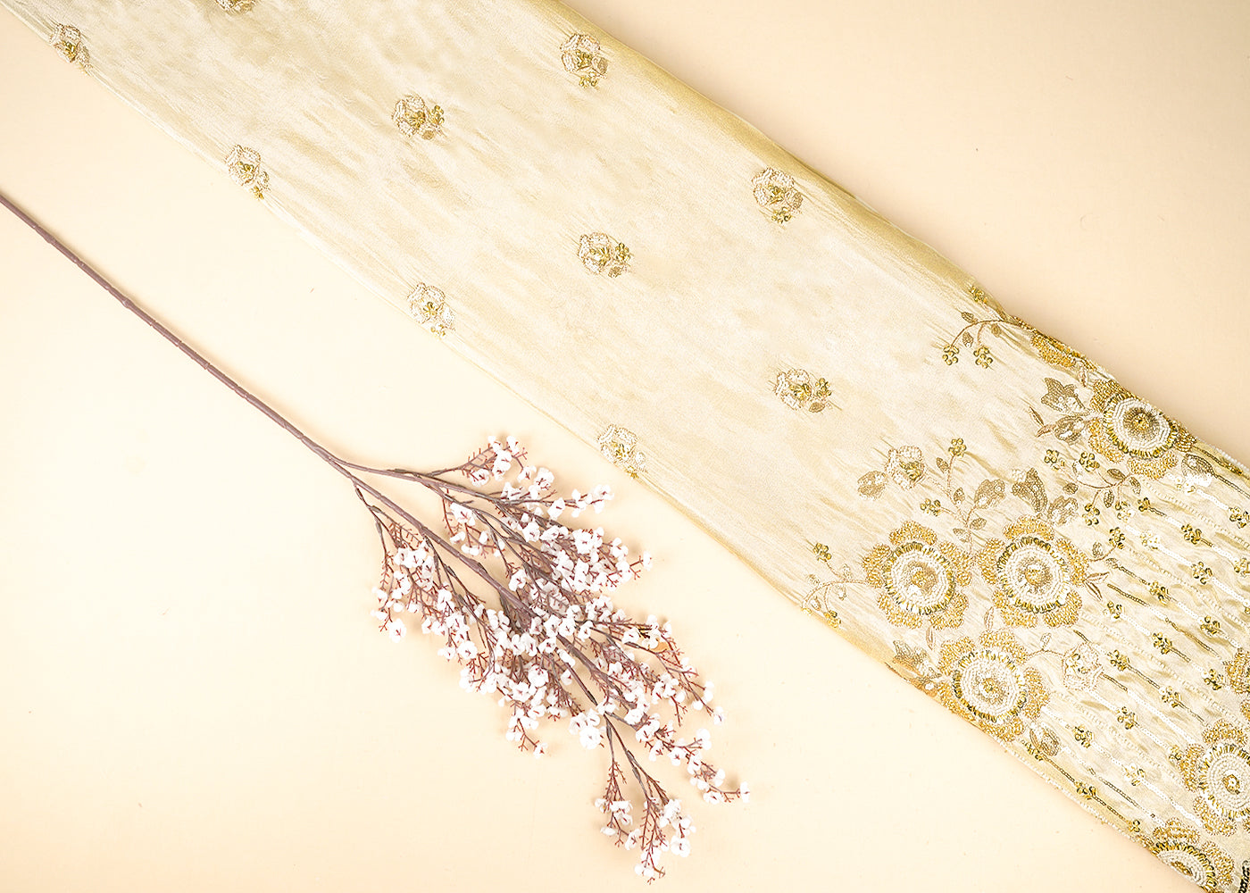 Golden Dyeable Tissue Fabric With All Over Katdana, Zari, Sequins And Bead Work With One Side Border 21137