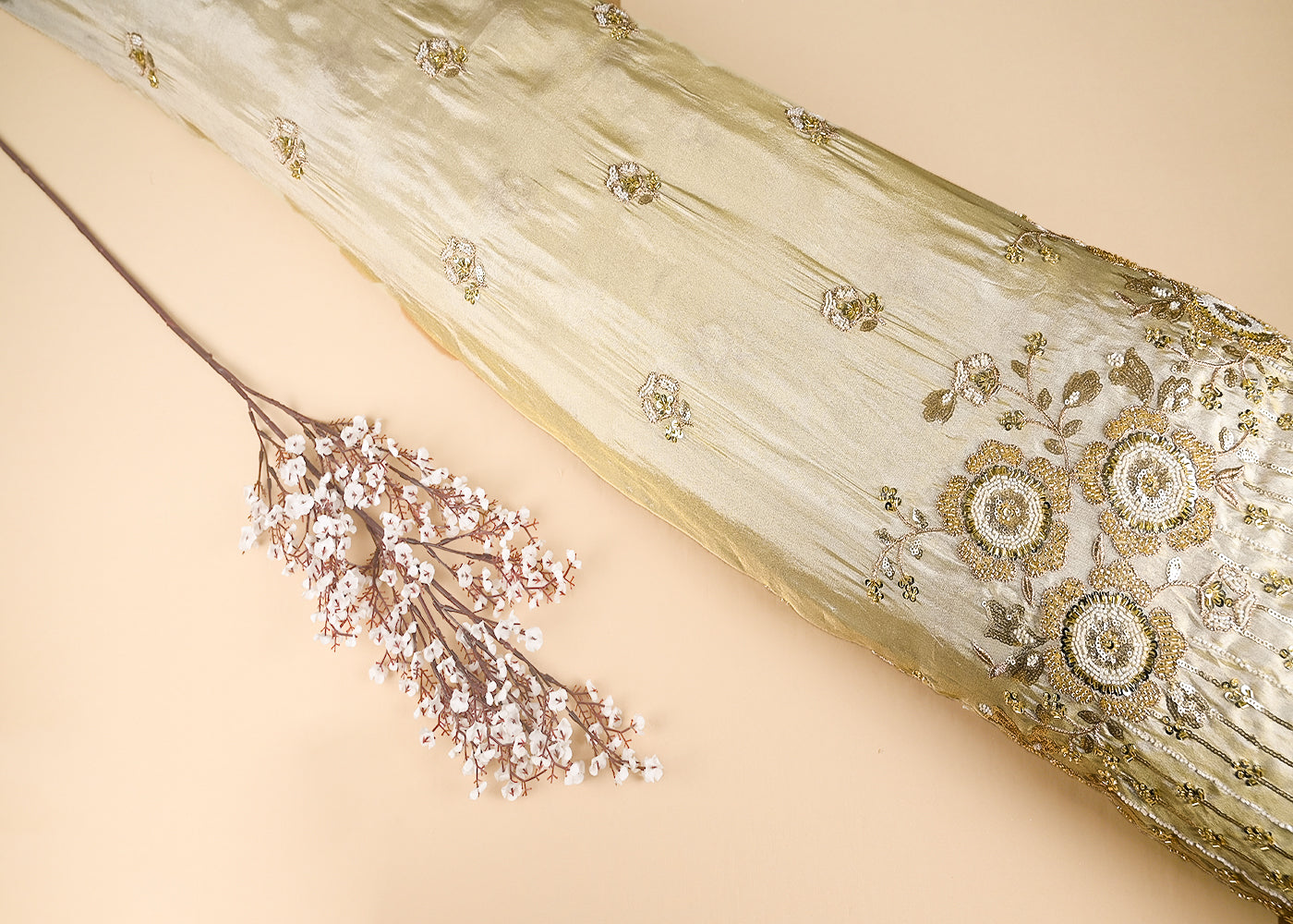 Golden Tissue Fabric With All Over Katdana, Zari, Sequins And Bead Work With One Side Border 21137