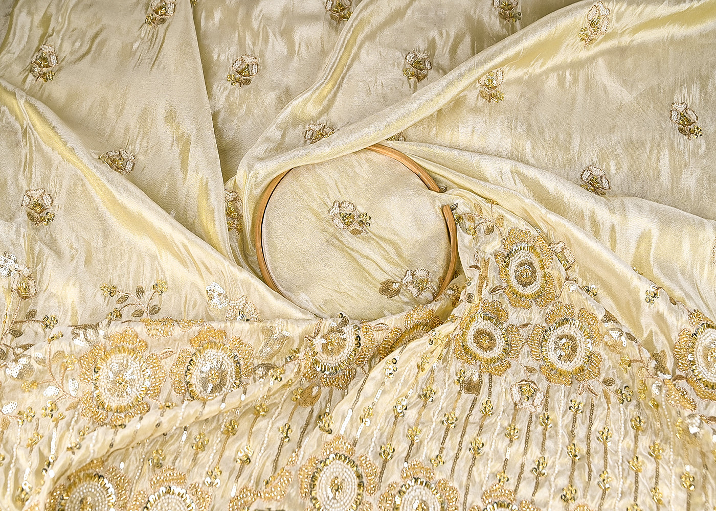 Golden Tissue Fabric With All Over Katdana, Zari, Sequins And Bead Work With One Side Border 21137