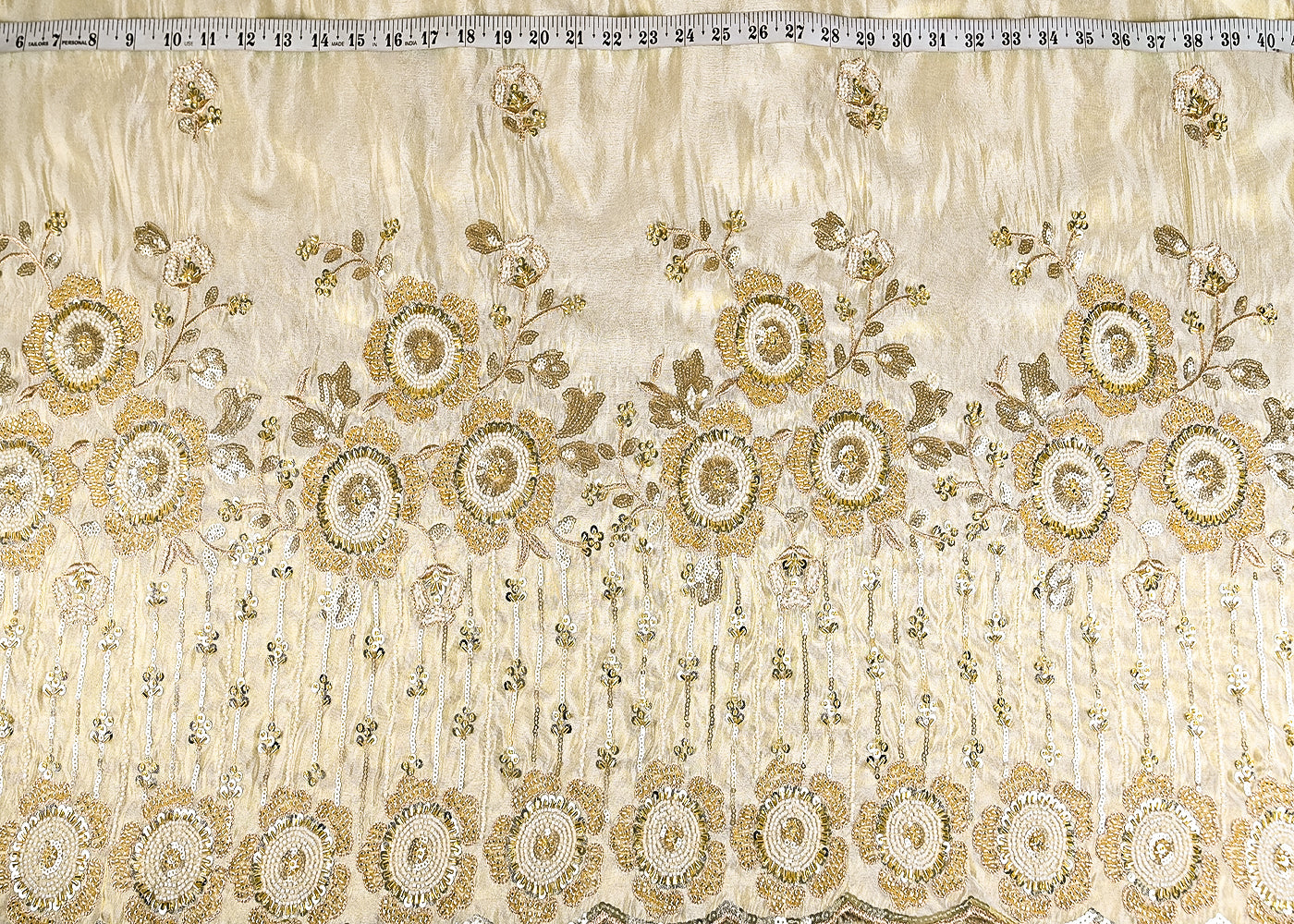Golden Dyeable Tissue Fabric With All Over Katdana, Zari, Sequins And Bead Work With One Side Border 21137