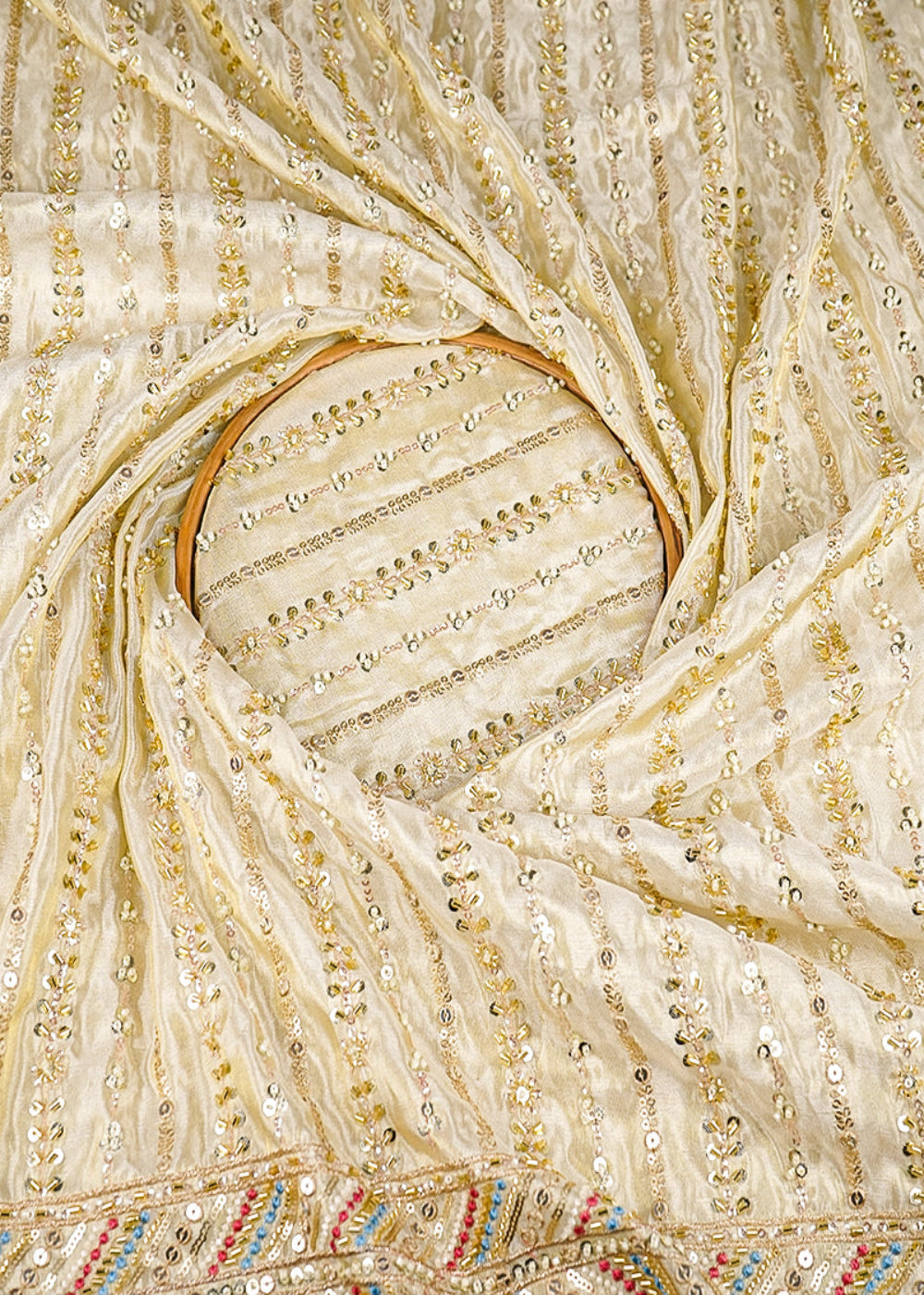 Golden-Dyeable-Tissue-Fabric-With-Allover-Sequins,-Katdana-And-Bead-Work-With-One-Side-Border-21138-close-view
