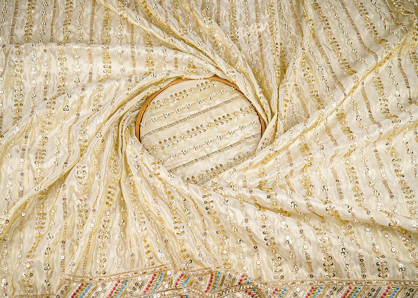 Golden Tissue Fabric With Allover Sequins, Katdana And Bead Work With One Side Border 21138