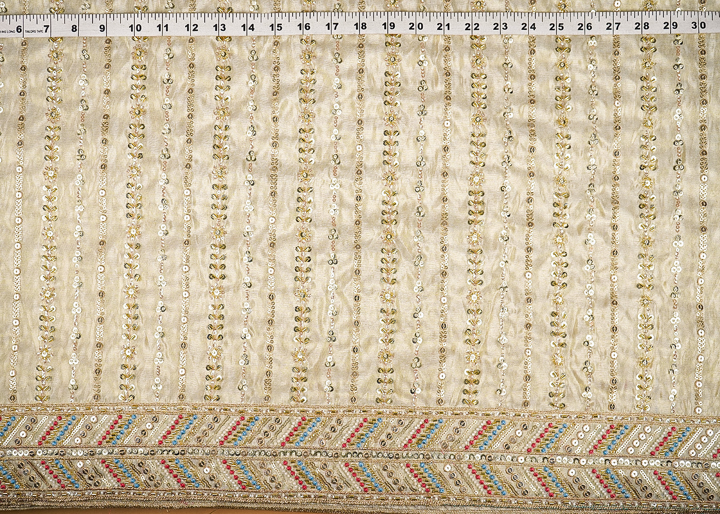 Golden Tissue Fabric With Allover Sequins, Katdana And Bead Work With One Side Border 21138