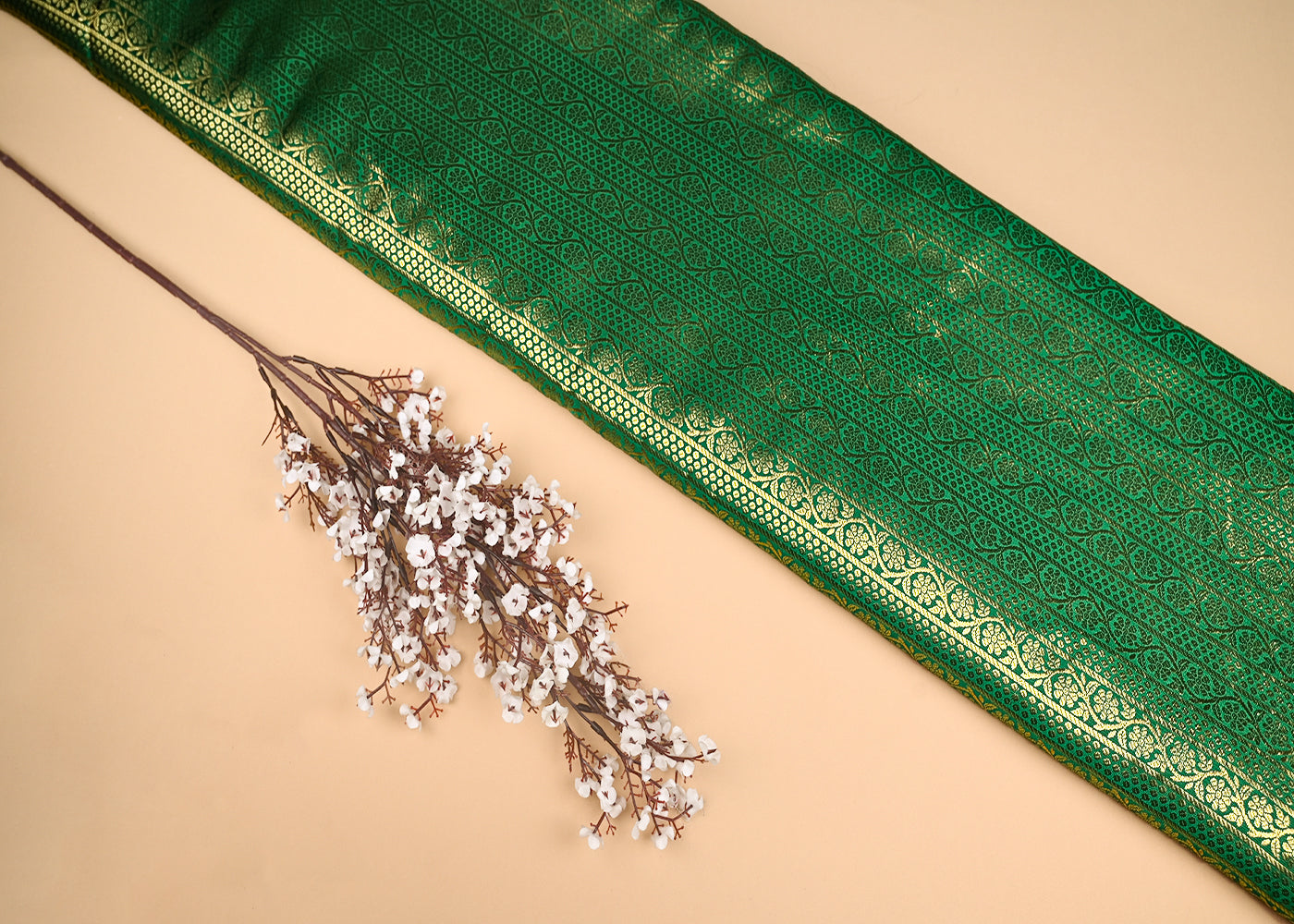 Green-Banarasi-Brocade-Fabric-With-Allover-Golden-Zari-Handloom-21150