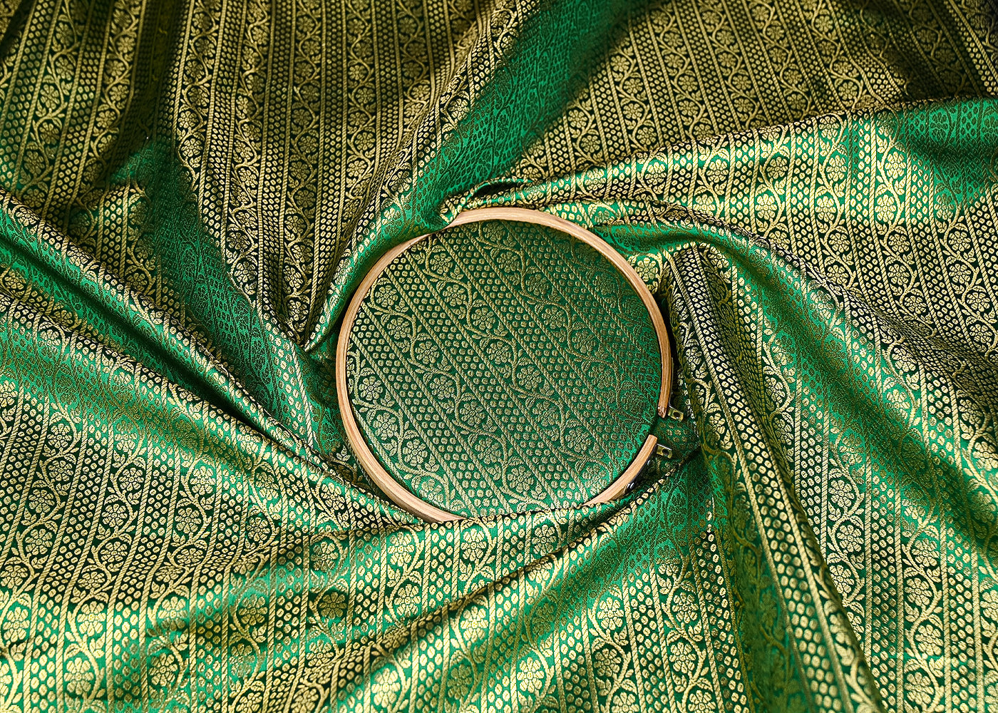 Green-Banarasi-Brocade-Fabric-With-Allover-Golden-Zari-Handloom-21150-close-view
