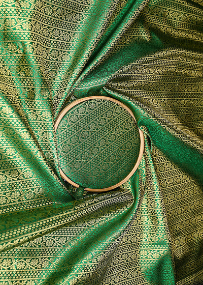 Green Banarasi Brocade Fabric With Allover Golden Zari Handloom 21150