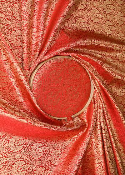 Red Banarasi Brocade Fabric With Allover Golden Zari Handloom 21158