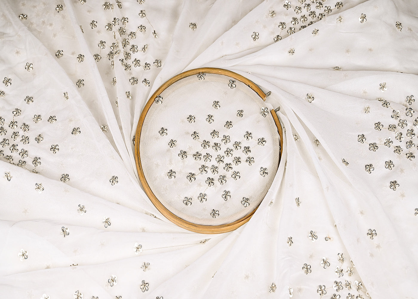 White Georgette Fabric With Allover Sequins, Katdana Work 21162