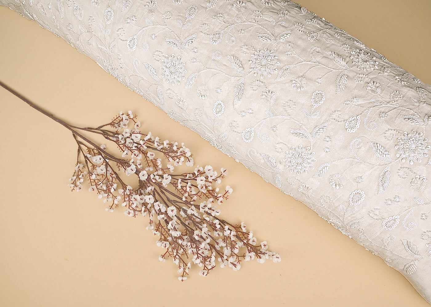 White Georgette Fabric With Allover Sequins, Katdana And Bead Work 21163