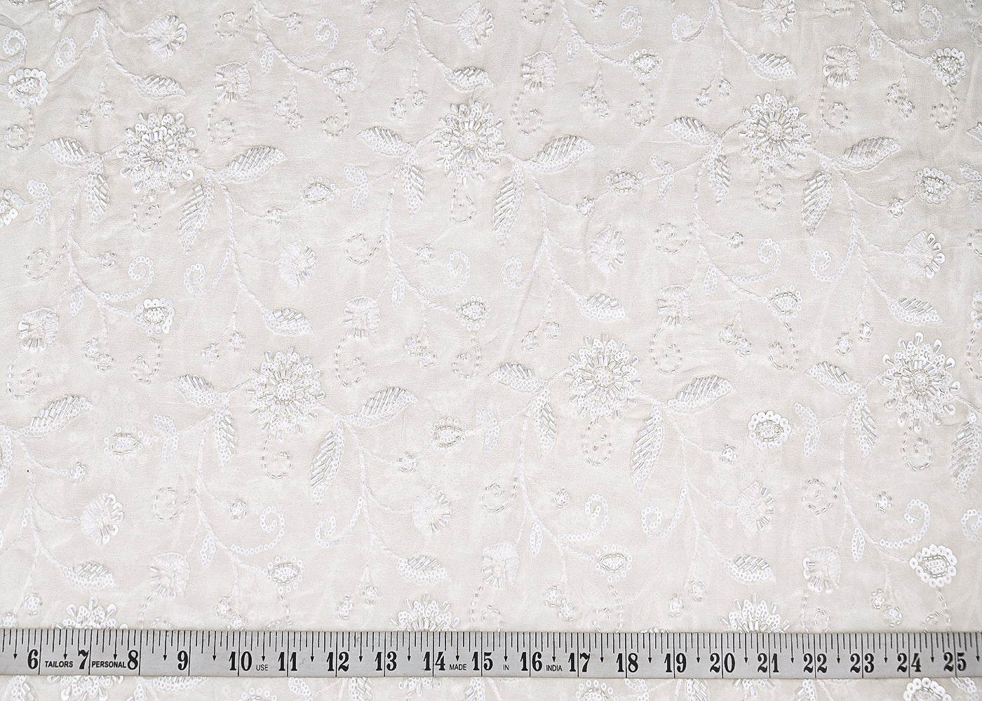 White Georgette Fabric With Allover Sequins, Katdana And Bead Work 21163