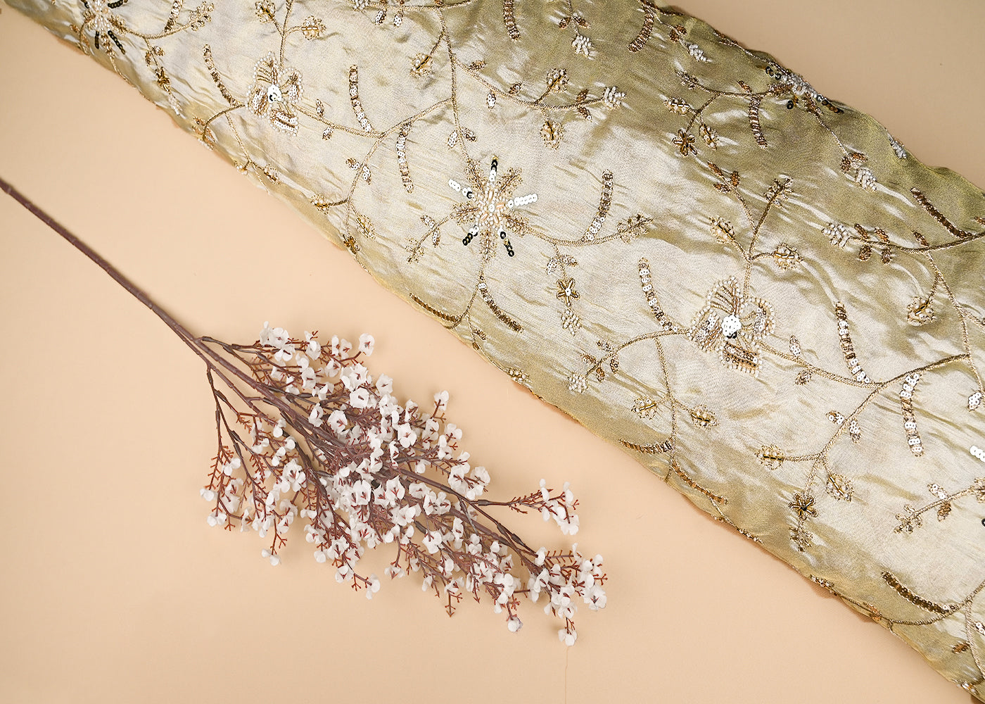 Golden Tissue Fabric With Allover Sequins, Zari, Katdana And Bead Work  21164