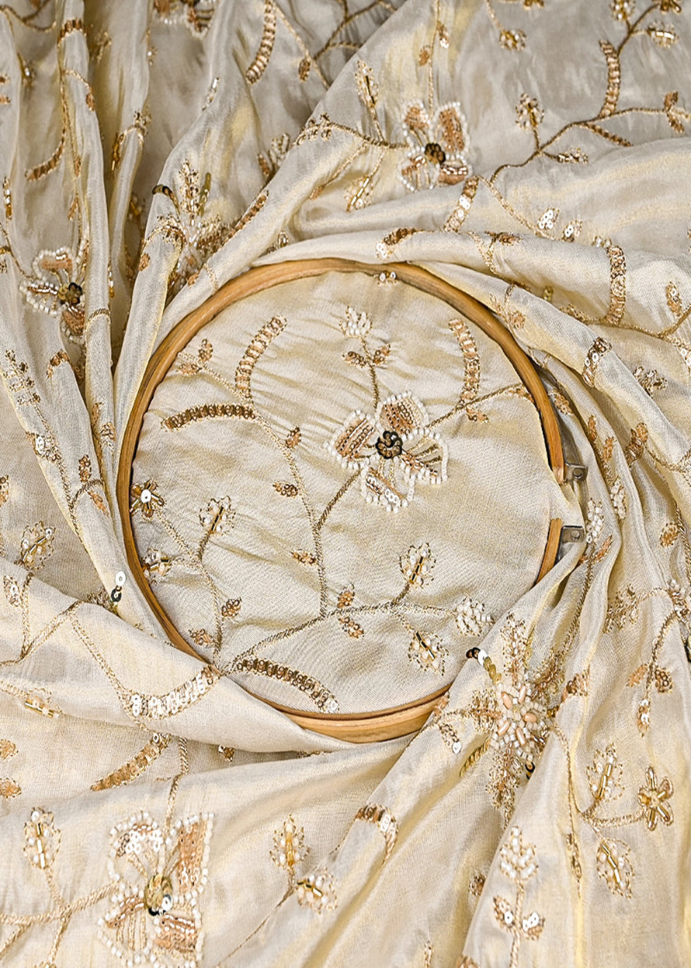 Golden-Dyeable-Tissue-Fabric-With-Allover-Sequins,-Zari,-Katdana-And-Bead-Work-21164-close-view