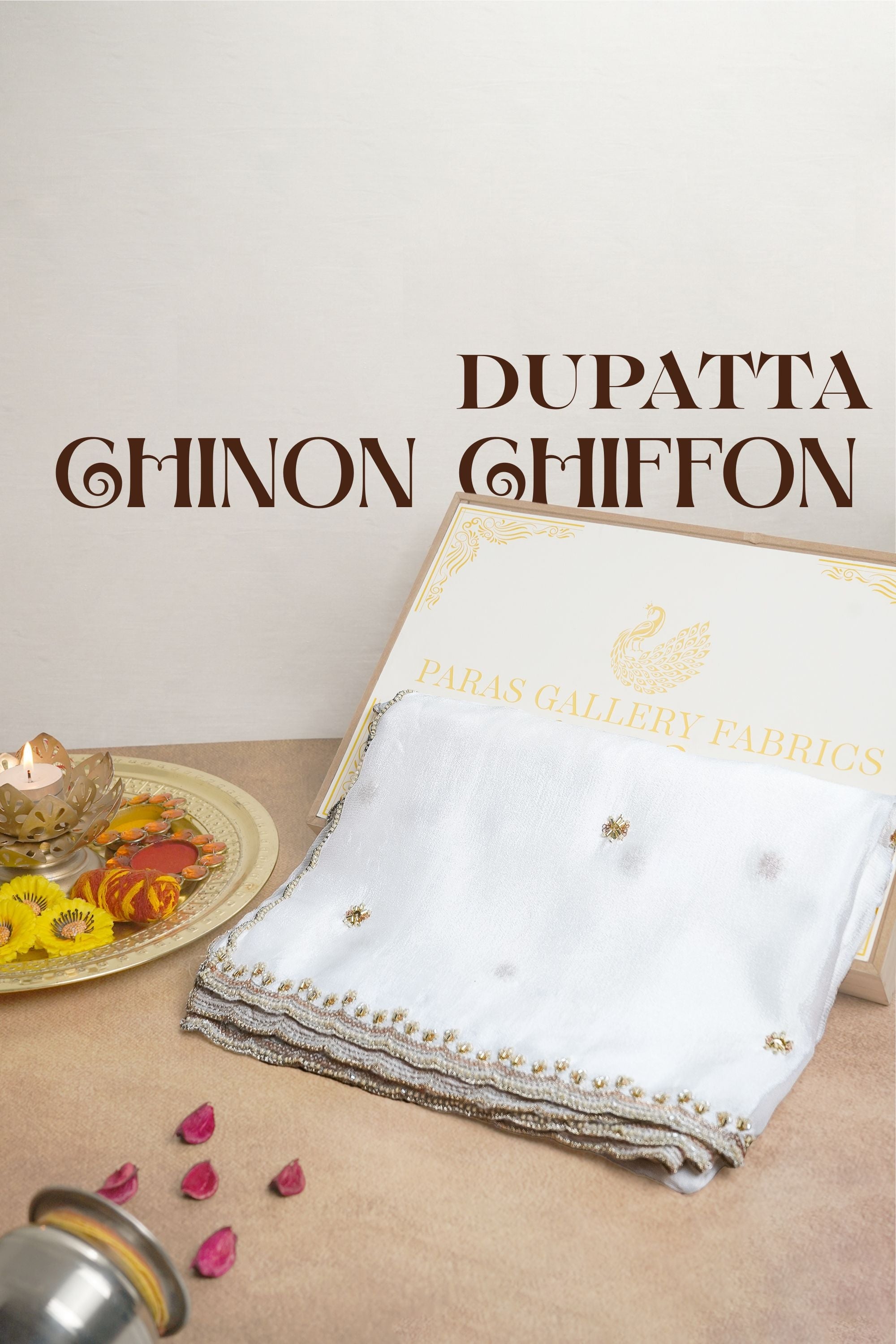 White Dyeable Chinon Chiffon Dupatta All Over Zari, Sequins And Katdana Work 21173