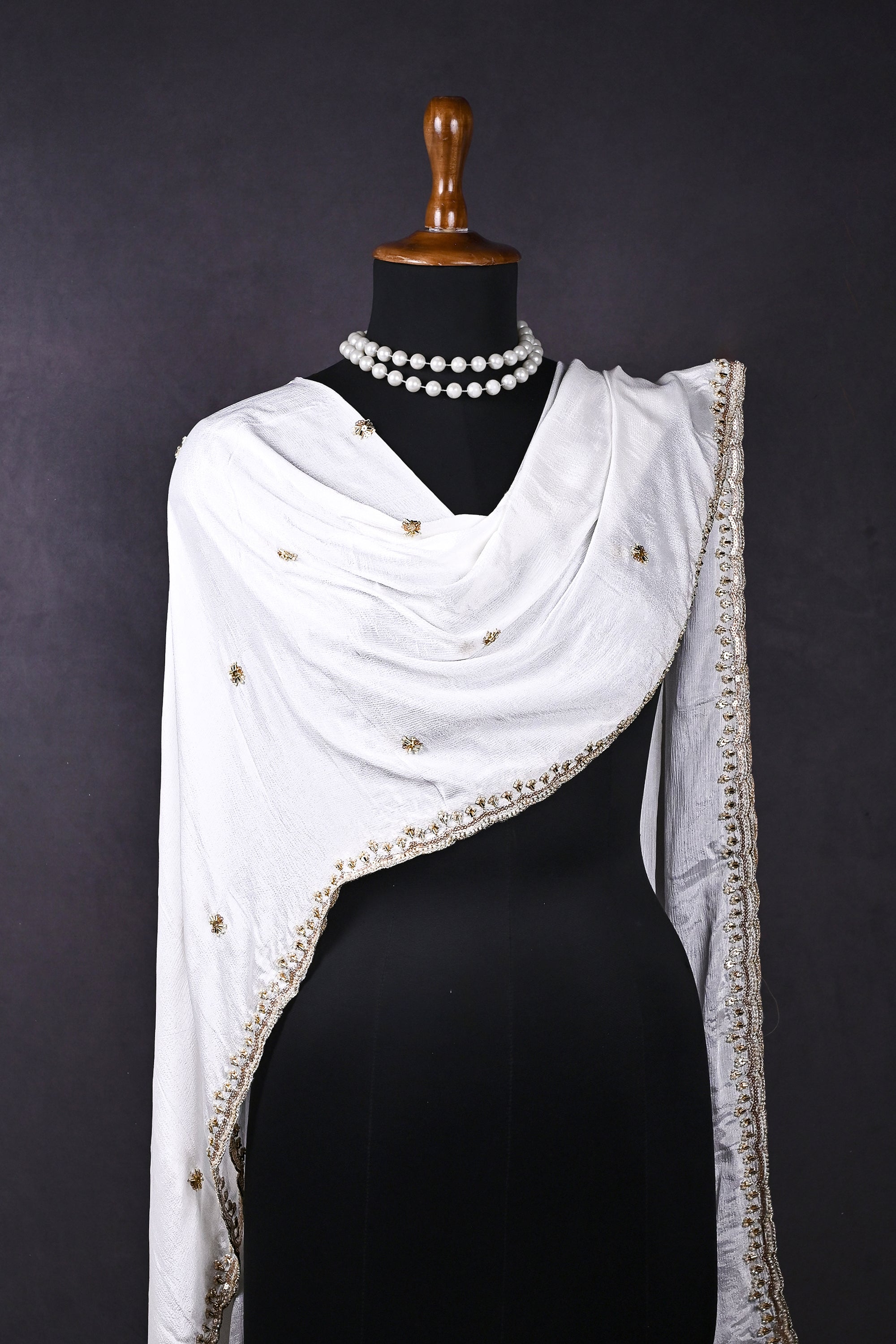 White Dyeable Chinon Chiffon Dupatta All Over Zari, Sequins And Katdana Work 21173