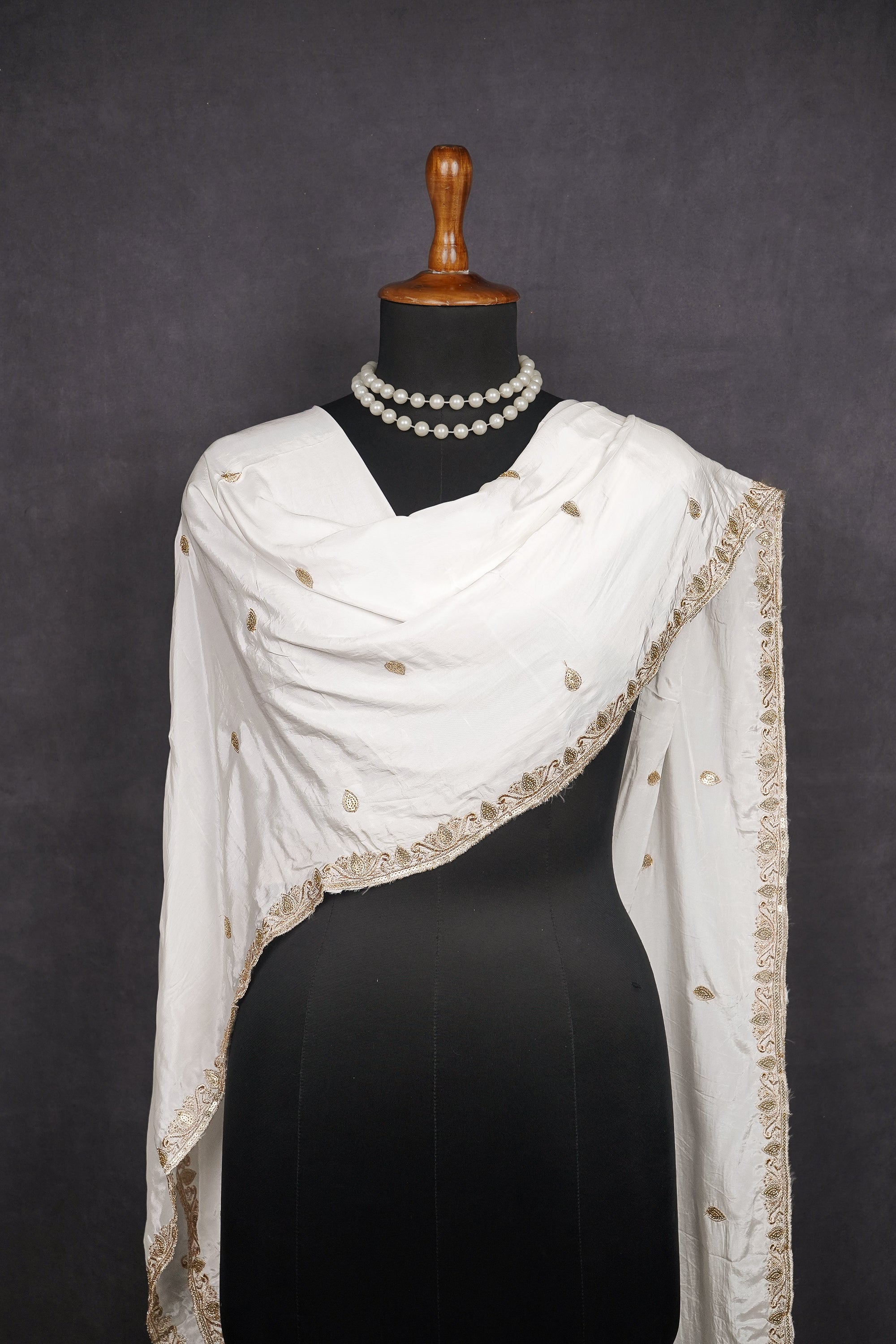 White Dyeable Crepe Dupatta With All Over Zari And Sequins Work 21122