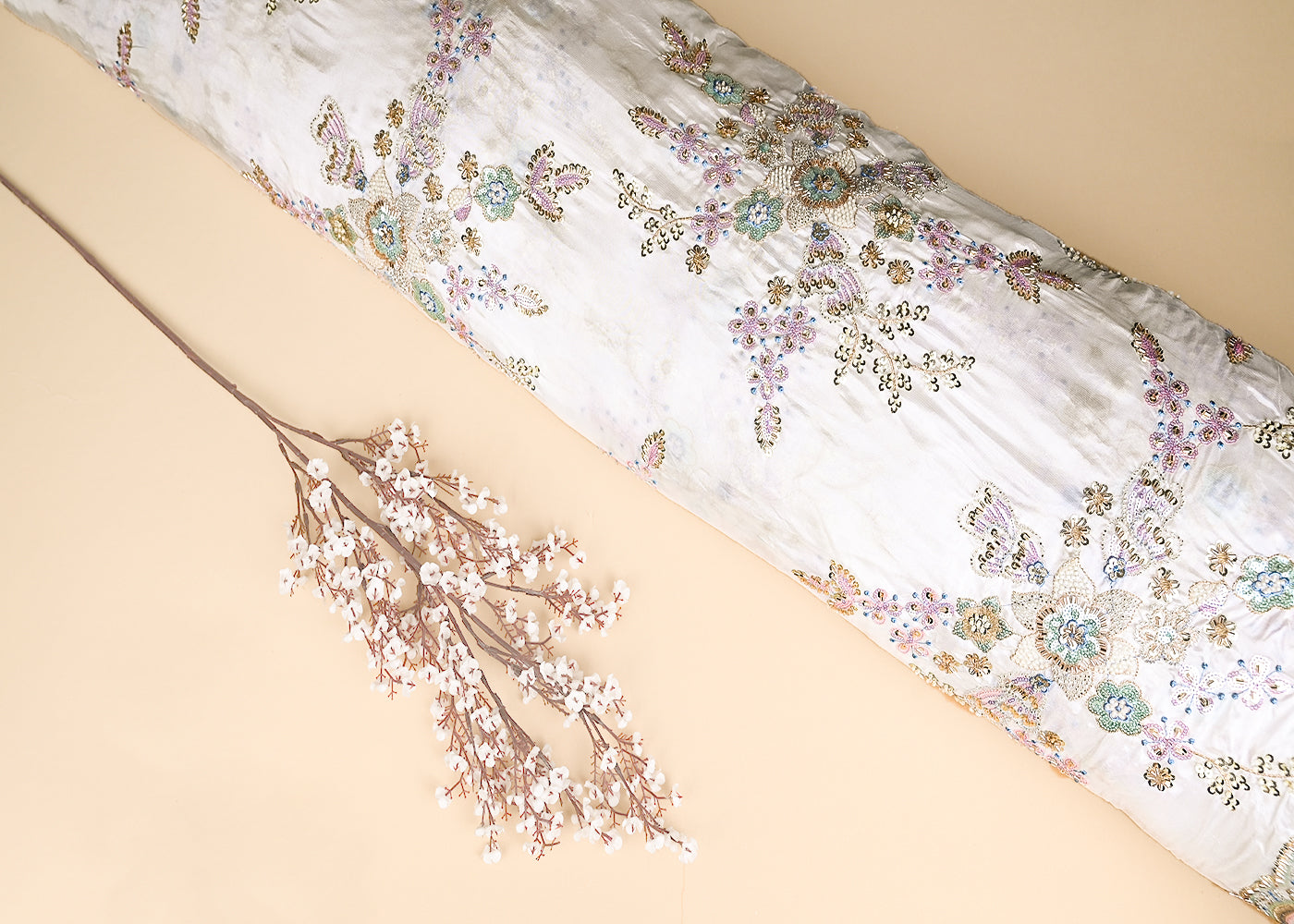 White Upada Silk Fabric With All Over Katdana, Zari, Multi Colour Sequins And Bead Work With One Side Border 21184