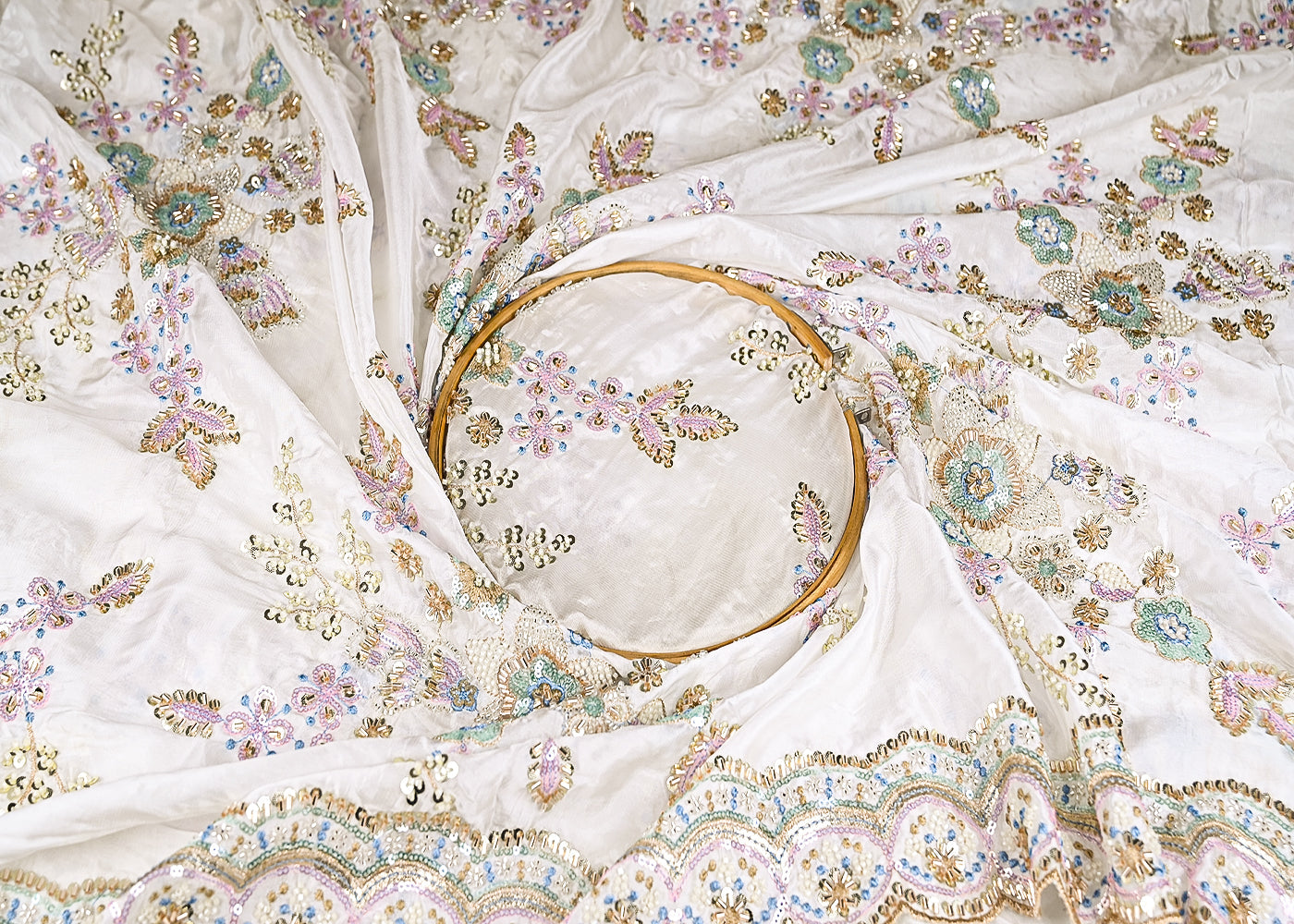 White Upada Silk Fabric With All Over Katdana, Zari, Multi Colour Sequins And Bead Work With One Side Border 21184