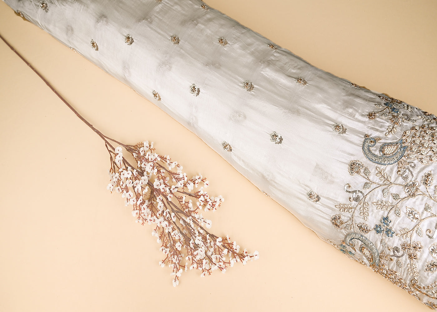 White Upada Silk Fabric With All Over Katdana, Zari, Sequins And Bead Work With One Side Border 21185