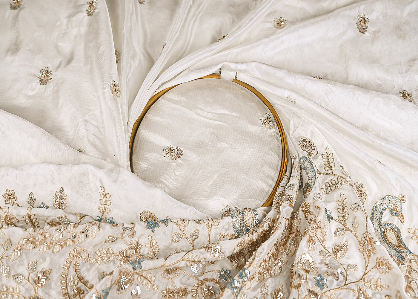 White Upada Silk Fabric With All Over Katdana, Zari, Sequins And Bead Work With One Side Border 21185