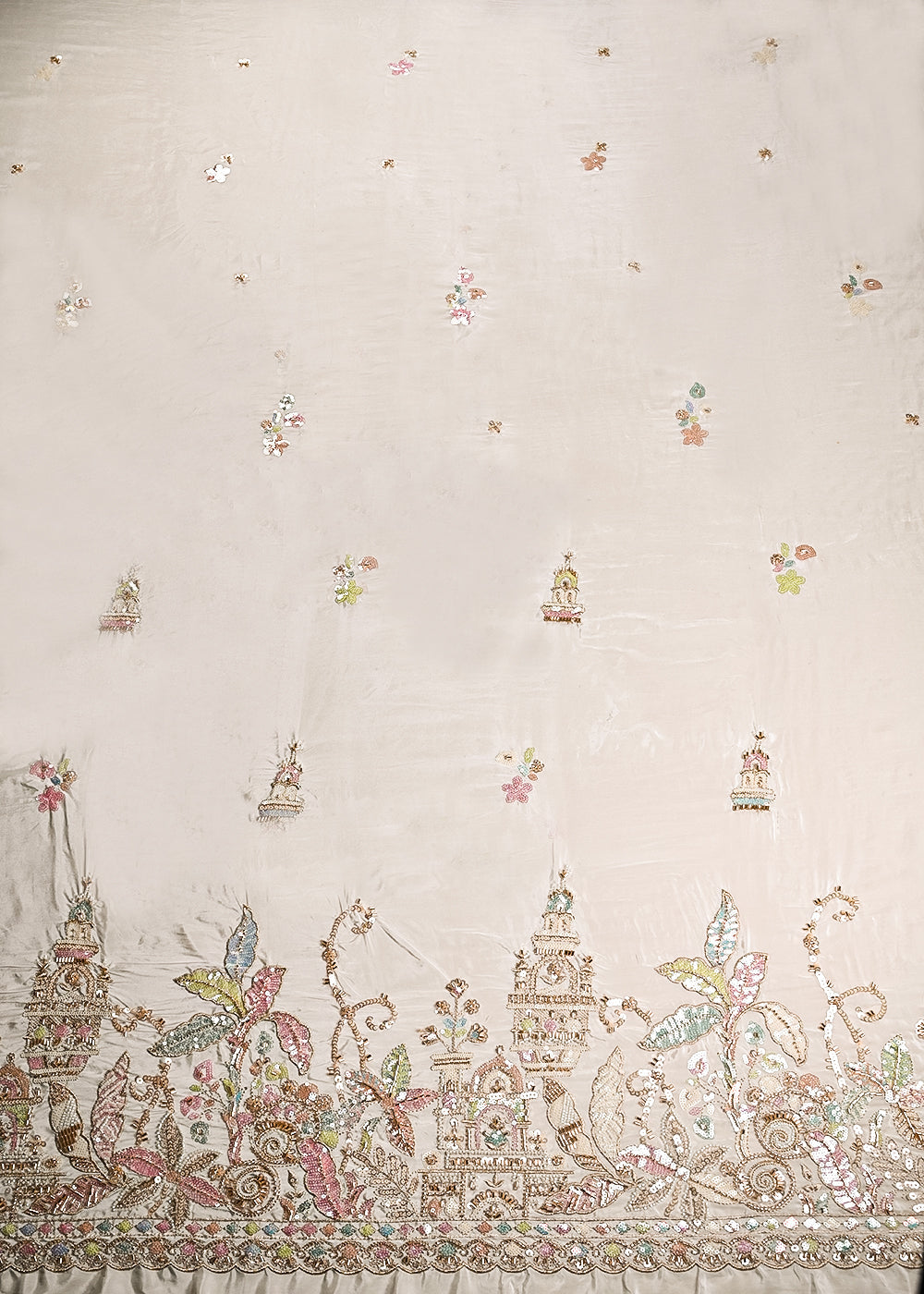 White Dyeable Crepe Fabric With All Over Buti Of Sequins And Katdana Work With One Side Heavy Border 21192