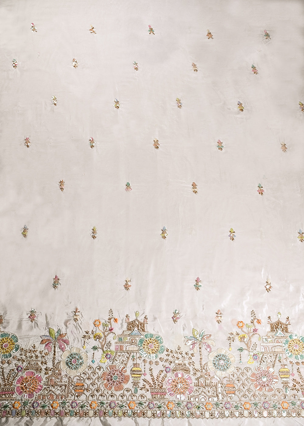 White-Dyeable-Crepe-Fabric-With-All-Over-Buti-Of-Sequins-And-Katdana-Work-With-One-Side-Heavy-Border-21193-work-view