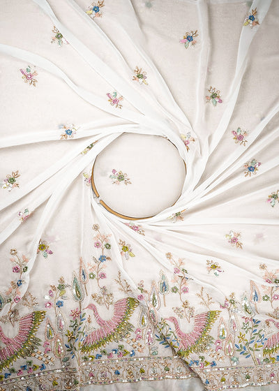 White Georgette Dyeable Fabric With All Over Bead, Katdana, Sequins, Zari And Thread Work With One Side Bird Motif Border 21194
