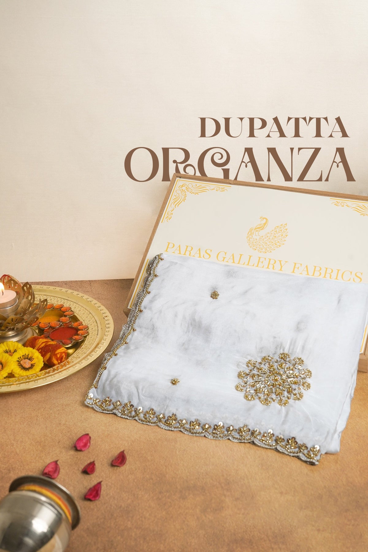 White Dyeable Organza Dupatta All Over Zari, Sequins And Katdana Work 21197