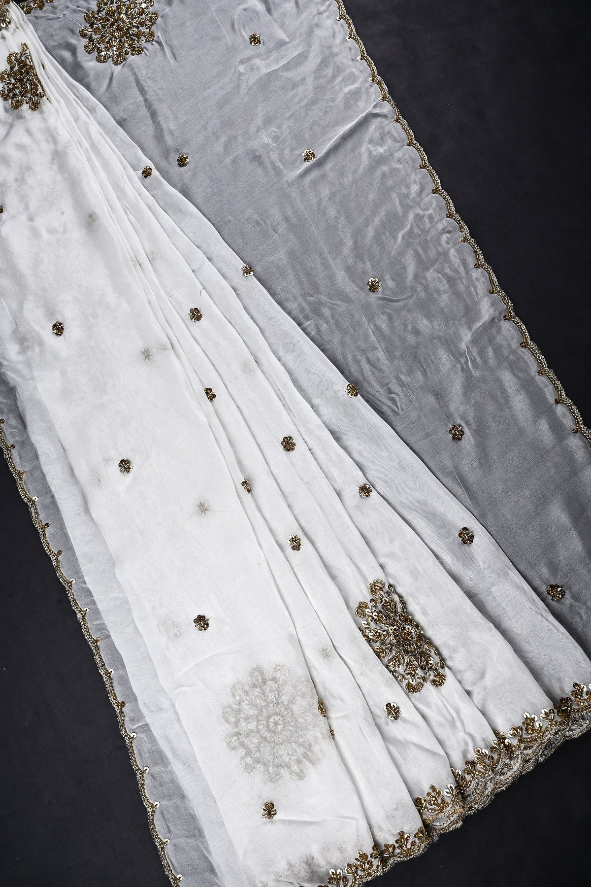 White Dyeable Organza Dupatta All Over Zari, Sequins And Katdana Work 21197