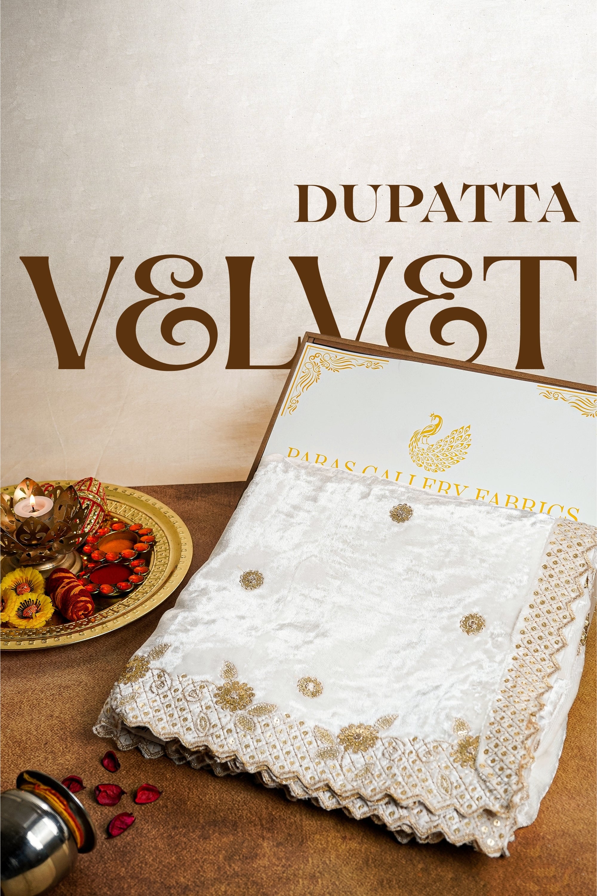 White Velvet Dupatta With All Over Buti Of Zari And Sequins Work 21201
