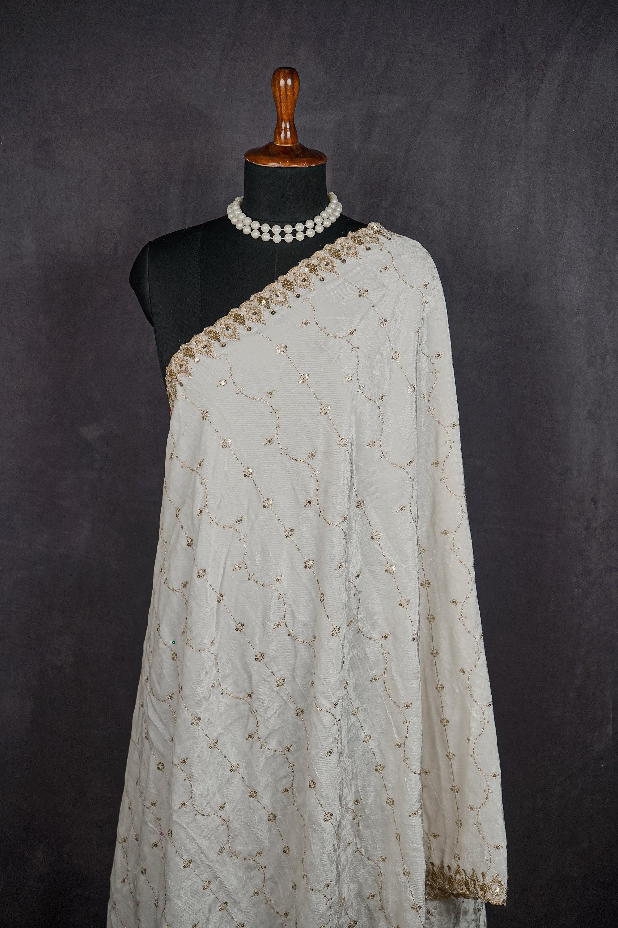 White Velvet Dupatta With All Over Zari And Sequins Work 21204