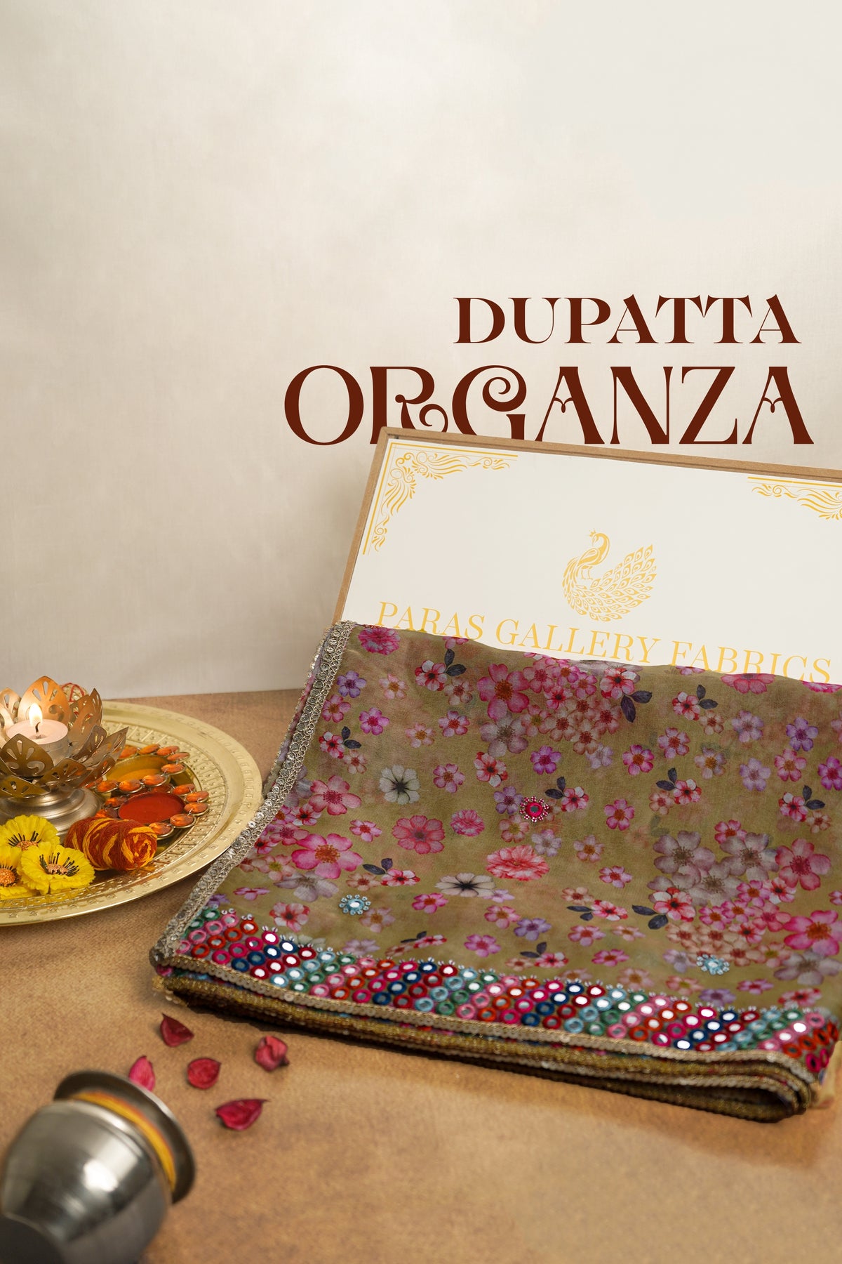 White Organza Dupatta With All Over Thread, Sequins And Faux Mirror Work 21224