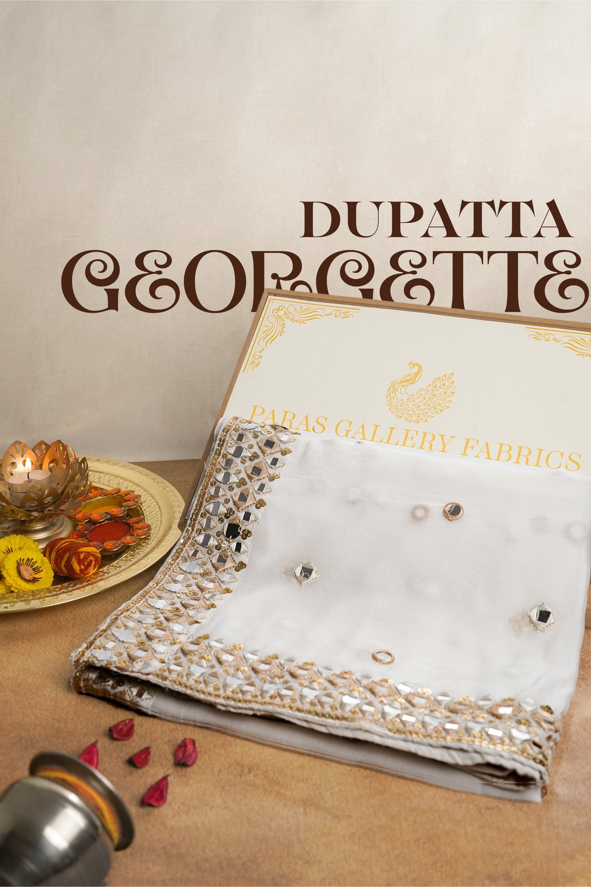 White Dyeable Georgette Dupatta With All Over Zari, Sequins And Faux Mirror Work 21234