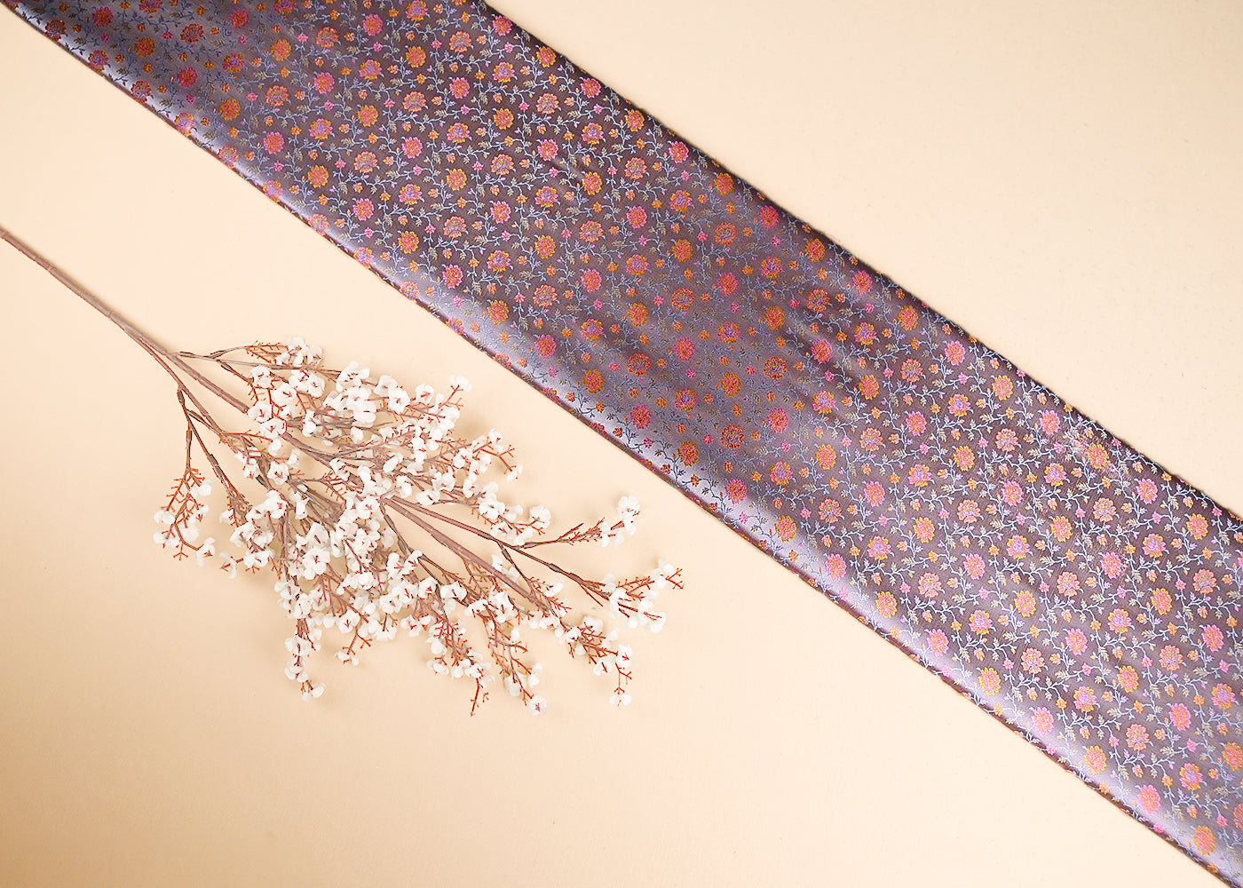 Grey Banarasi Brocade Fabric With All Over Thread And Zari Handloom 21251