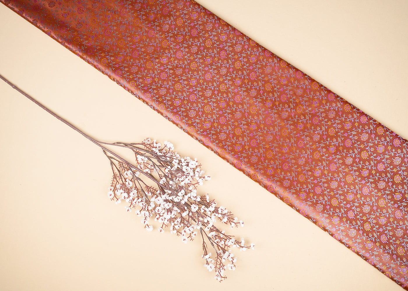 Dark Peach Banarasi Brocade Fabric With All Over Thread And Zari Handloom 21252