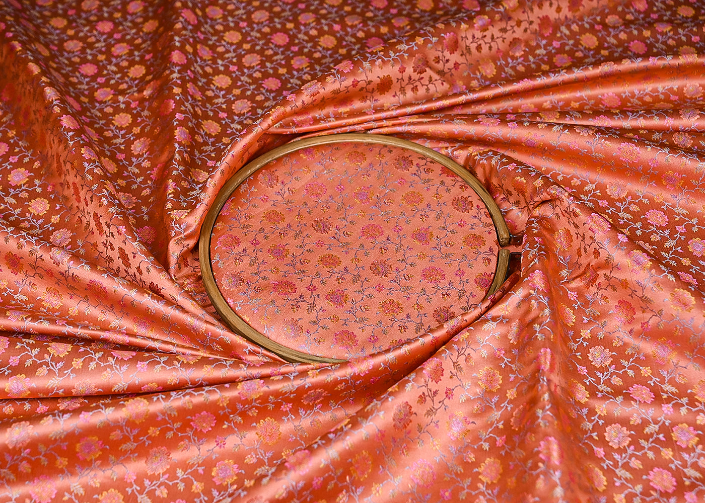 Dark Peach Banarasi Brocade Fabric With All Over Thread And Zari Handloom 21252